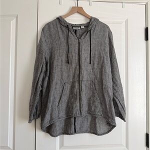 Black Hooded Zip-Up Linen Jacket